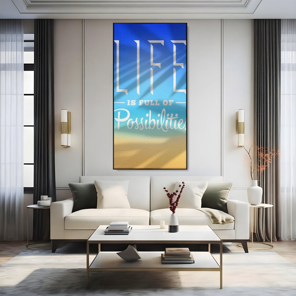 Tablou canvas cu tablou motivational vertical cu mesaj, in rama de aluminiu negru, pe perete intr-un living
